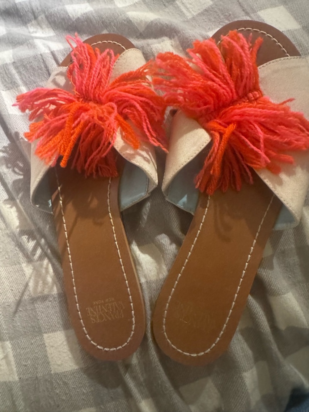 Frances Valentine Beige Slide Mules with Coral-Orange Yarn Poms size 5.5